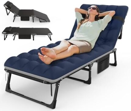 Suteck Folding Camping Cot, Adjustable 5+2 Positions Reclining Portable Outdoor Cot Heavy Duty Sleeping Bed Cots w/Pillow Mat Carry Bag, Chaise Lounge Chair for Home Office Nap Beach Pool Patio Travel