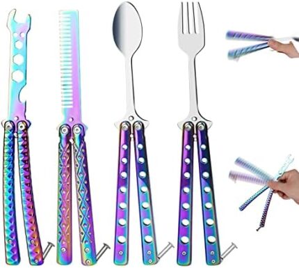 Syongzida 4 Pack Butterfly Comb, Butterfly Spoon, Butterfly Fork and Butterfly Wrench Bottle Opener Apply to Camping Hiking Kitchen BBQ Camping Utensils (Colour)