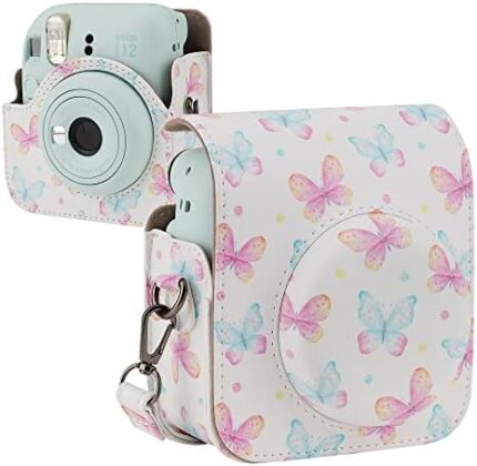 TONYLAIJIANTAO Camera Case Compatible with Fujifilm Instax Mini 12 Instant Camera with Adjustable Strap and Pocket (Pink Butterfly)