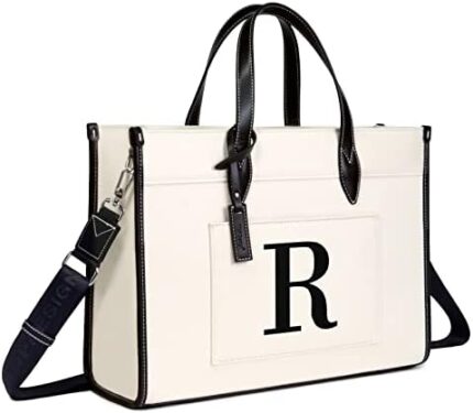TOPDesign Initial Laptop Tote Bag for Women, Stylish Canvas Bag for 15.6 Inch Computer, Personalized Monogrammed Work Purse, Large Casual Business Briefcase, Office Handbag, Perfect Gifts for Her