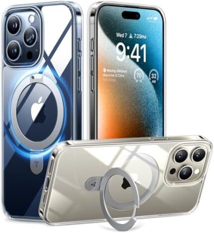 TORRAS Magnetic Shockproof for iPhone 15 Pro Case with Built-in Stand [Compatible with MagSafe] [12FT Military Drop Protection] Sturdy Kickstand Slim Protective for 15 Pro Phone Case, Crystal Clear