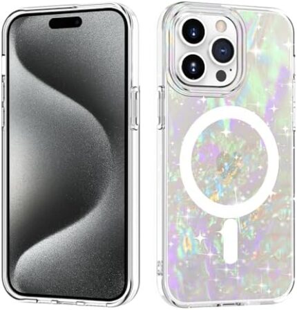 Tksafy for iPhone 15 Pro Case, Compatible with MagSafe, Cute Glitter Pearl Design for Women and Girls, Anti-Yellow Hard Protective Luxury Shockproof Bumper Phone Case for iPhone 15 Pro 2023, Cloud