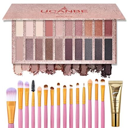 UCANBE 10 Colors Eyeshadow Palette Makeup +15Pcs Brushes Set + Eye Shadow Primer All in One Makeup Kit Waterproof Long Lasting High Pigment Eye Shadow