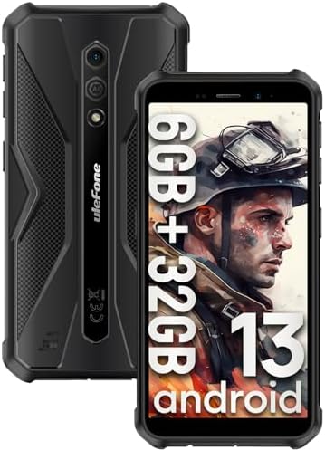 Ulefone Armor X12 Rugged Smartphone, Waterproof Phones Unlocked, Octa-core Android 13, 6GB+32GB, Dual SIM Global 4G LTE, 4860mAh Battery, Face Recognition, Bluetooth, NFC, Compass - Black