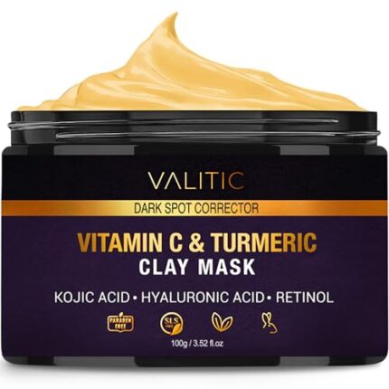 VALITIC Vitamin C & Turmeric Clay Mask - Dark Spot Corrector with Kojic Acid, Hyaluronic Acid & Retinol - Skin Care Routine for Minimizing Pores & Blackheads - with Applicator Brush - 100g