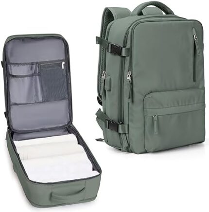 VECAVE Travel Backpack for Women,Airline Flight Approved Waterproof 14 Inch Laptop Backpack，Carry On Backpack with Shoe Compartment Casual Backpacks DarkGreen