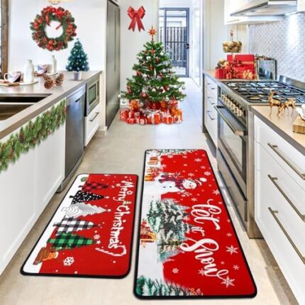 Voanos Merry Christmas Kitchen Rugs Set of 2,Non-Slip Washable Kitchen Floor Mat,Xmas Snowman Christams Tree Decorative Runner Rug 17"x47"+17"x30"