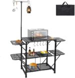 WGOS Camping Table, Camping Kitchen Table, Grill Cart Table Kitchen Station, for Outside with Light Stand (Black)