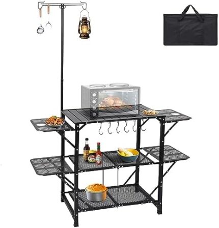 WGOS Camping Table, Camping Kitchen Table, Grill Cart Table Kitchen Station, for Outside with Light Stand (Black)