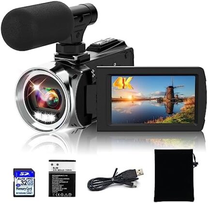 Weochi 4K Ultra HD Camcorder, 48MP 30FPS Video Recorder Digital Camera 3 Inch Flip Screen 18X Digital Zoom, Vlogging Camera for YouTube with Microphone,32GB SD Card and 1 Battery