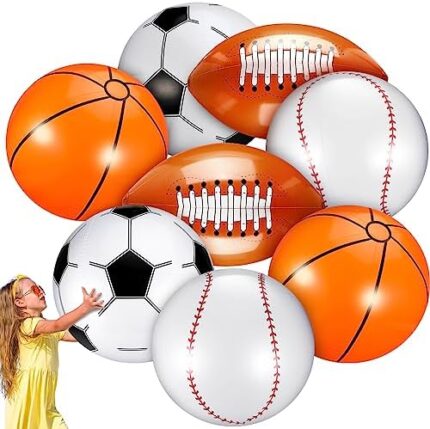 Wettarn 8 Pcs Large Inflatable Beach Ball 27 Inch Sports Party Decorations Giant Ball Basketball Soccer Football Baseball Pool Toys PVC Sports Balls for Kids Adults Sports Birthday Party Outdoor Favor