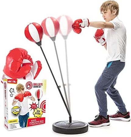Whoobli Punching Bag for Kids Incl Boxing Gloves | 3-10 Years Old Adjustable Kids Punching Bag with Stand | Boxing Bag Set Toy for Boys & Girls (Red White)
