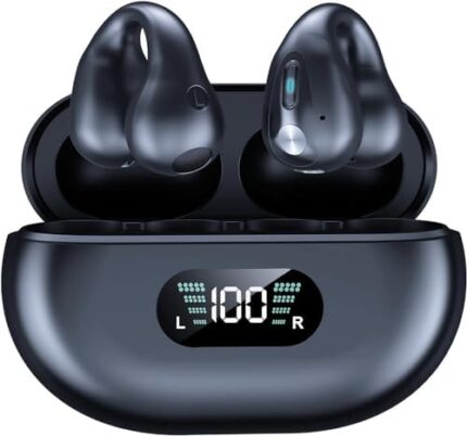 Wireless Earbuds with Earhooks Mini Bone Conduction Headphones Waterproof Bluetooth Open Ear Earbuds Cycling Earpiece Noise Canceling Headset Sports Bluetooth 5.3 Ear Clip Earphones Headset- Black