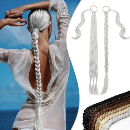 Wodelanle Long Braided Ponytail Extension with Hair Tie Silver Gray Straight Wrap Around Braid Ponytail Hair Extensions Natural Soft Synthetic Hair Piece for Women Daily Wear(26 inch)