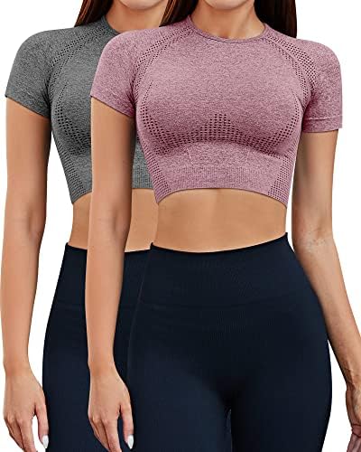 Women Workout Crop Top Short Sleeve Seamless Athletic Shirt Yoga Fitness Tight Tee Gym Cropped Tank Tops