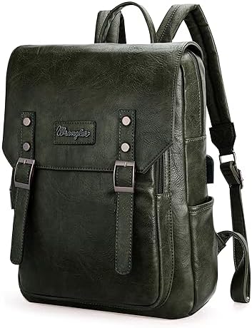 Wrangler Backpack for Women & Men Vegan Leather Travel Laptop Backpack College Dark Green Backpack with USB Charging Port