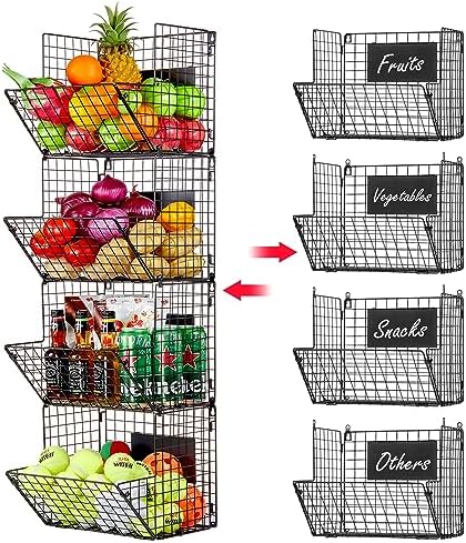 X-cosrack Metal Wire Basket Wall Mount, 4 Tier Extra Large Wall Storage Basket Organizer with Hanging Hooks Chalkboards, Rustic Kitchen Fruit Produce Bin Rack Bathroom Tower Baskets (Black)