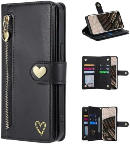 XYX Wallet Case for Oppo A15s, Gold Love Pattern PU Leather 9 Card Slots Flip Leather Zipper Pocket Purse Cover with Wrist Lanyard for Oppo A15s, Black