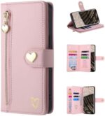 XYX Wallet Case for Oppo A55 5G, Gold Love Pattern PU Leather 9 Card Slots Flip Leather Zipper Pocket Purse Cover with Wrist Lanyard for Oppo A55 5G, Pink