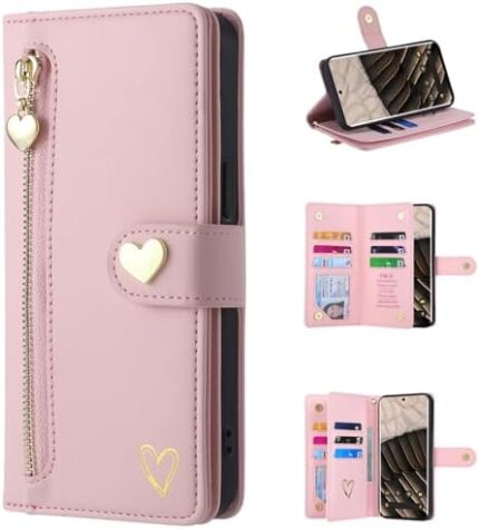 XYX Wallet Case for Oppo A55 5G, Gold Love Pattern PU Leather 9 Card Slots Flip Leather Zipper Pocket Purse Cover with Wrist Lanyard for Oppo A55 5G, Pink
