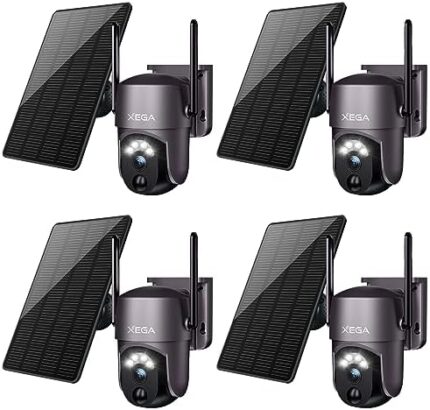 Xega 4 Pack Security Camera Wireless Outdoor 2K 360° PTZ Camera Solar Security Cameras for Home Surveillance 2.4G WiFi Spotlight & Siren Color Night Vision AI Motion Detection 2-Way Talk IP66
