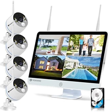 YESKAMO Long Range Wireless Outdoor Home Security Camera System with 16inch 1080p IPS Monitor 2TB Hard Drive Floodlight & Audio 3MP Spotlight IP Cameras 8CH WiFi Surveillance 2 Way Audio