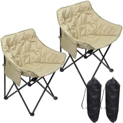 Yuntau 2 Pack Oversized Padded Camping Chairs Folding Moon Round Chair with Storage Bag Portable Outdoor Chairs Support 440 lbs for Camping, Beach, Backyard, Lawn (Tan)