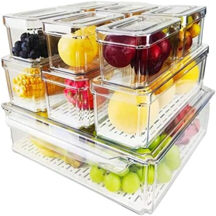 Yustuf 10-pack Clear Stackable Refrigerator Organizer Bins with 4 liners, Plastic Pantry Organization and Storage Bins with lids Vegetable Fruit Storage Containers for Fridge