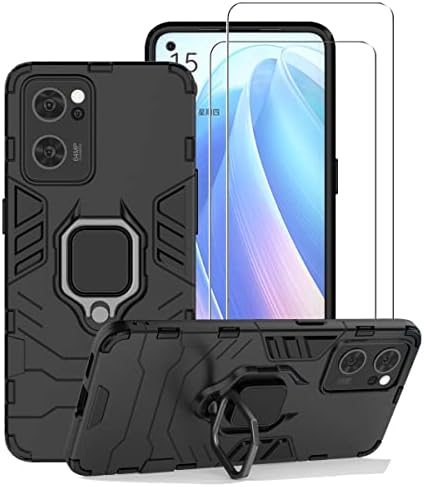 ZMONE Phone Case for Oppo Reno 7 5G Case with Glass Screen Protector [2 Pack] Heavy Duty Dual Layer Military Grade Shockproof Protective Cover with Magnetic Ring Kickstand - Black