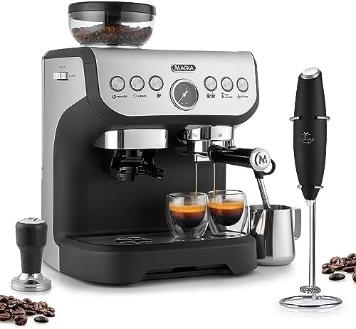 Zulay Kitchen Magia Manual Espresso Machine with Grinder and Extra Zulay Kitchen Magia Manual Espresso Machine with Grinder and Extra Large 2L Removable Water Tank and Original Milk Frother with Stand