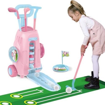 auvnei Toddler Golf Clubs - Upgraded Kids Golf Clubs with 5 Balls, 3 Golf Sticks, 2 Practice Holes and a Putting Mat - Indoor and Outdoor Golf Toys for Boys and Girl Aged 3-12 Years Old(Pink)
