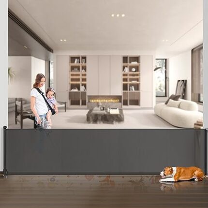 bedmoimo 120 Inch Extra Wide Baby Gate for Large Opening Retractable Baby Gates for Doorway Extra Long Dog Gate for The House Outdoor Large Pet Gates for Dog Indoor and Outdoor Mesh Child Gate, Grey