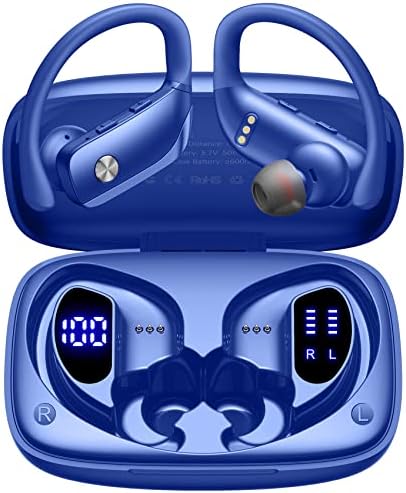 bmani Wireless Earbuds Bluetooth Headphones 48hrs Play Back Sport Earphones with LED Display Over-Ear Buds with Earhooks Built-in Mic Headset for Workout Blue