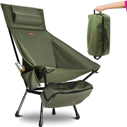 cosy nation High Back Camping Chairs, Portable Folding Chairs with Pillow, Beach Chairs with Sides Pocket and Carry Bag, Lightweight Outdoor Chair for Hiking, Backpacking, Camping Essentials (Green)