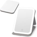 deweisn Rechargeable Travel Makeup Mirror with 60 LED Lights, Lighted Makeup Beauty Mirror,3 Color Lighting,360°Rotation Dimmable Touch Screen,Light Up Tabletop Cosmetic Mirror Folding(White)