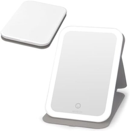 deweisn Rechargeable Travel Makeup Mirror with 60 LED Lights, Lighted Makeup Beauty Mirror,3 Color Lighting,360°Rotation Dimmable Touch Screen,Light Up Tabletop Cosmetic Mirror Folding(White)