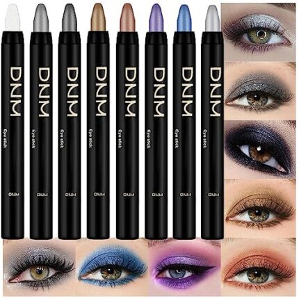 evpct 8Pcs Cream Eyeshadow Sticks Set for Eyes Waterproof, Pearl White Black Gray Khaki Royal Blue Vioiet Purple Silver Shimmer Eye shadow Highlighter Stick Pencil Pen Bulk sombras en crema para ojos