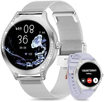 niolina Smart Watch for Women(Answer/Make Call), 1.19'' Small Face Smartwatch for Android iOS,Diamond Sport Watch for Ladies with Pedometer,Calculator,Voice Assistants,Blood Pressure Monitor,Silver