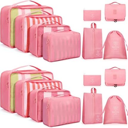 16 Pieces Packing Cubes in 2 Sets Luggage Organizers Bags for Travel Compression Organizer Bag Storage Luggage Accessories for Travel Bag Lightweight Suitcase for Women Man Toiletry Underwear (Pink)