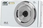 16X Digital Zoom Camera for Travel Photography, 2.8in Screen 4K 44MP Camera, Shock Proof Plastic Housing HD Camera for Photography for Adults and Teens (Silver)