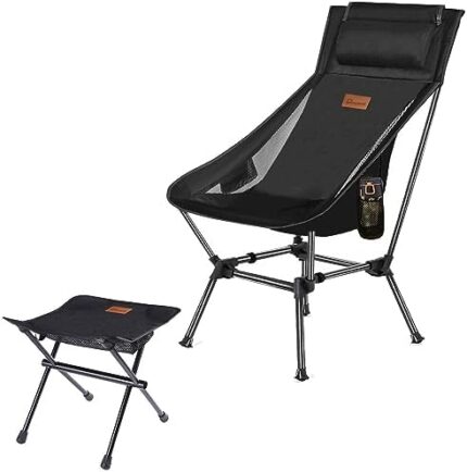 DRAXDOG Camping Chair, 2 Way Compact Backpacking Chair, Portable Folding Chair, Beach Chair with Side Pocket, headrest and Foot Rest, Lightweight Hiking Chair STMZ (Black)