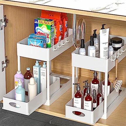 PUILUO 2 Set Under Sink Cabinet Organizer, 2 Tier Storage Under Cabinet Bathroom Under Sink Organizers and Storage Black Under Sink Storage for Bathroom Kitchen