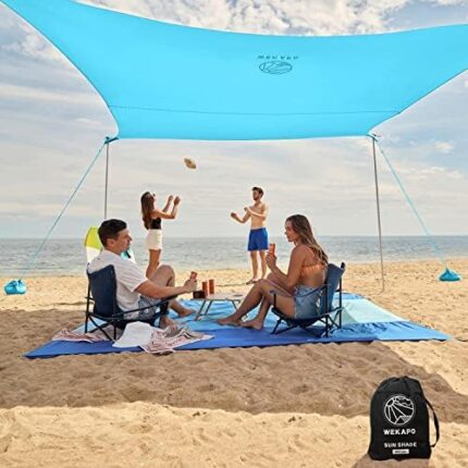 WEKAPO Beach Tent Sun Shelter - 11 x 11 FT Beach Canopy with 4 Lengthened Poles, Large Sandbags and Shovel, 7'8'' Tall, Beach Sun Shade for Family Vacation and Camping, UPF 50+ Protection…
