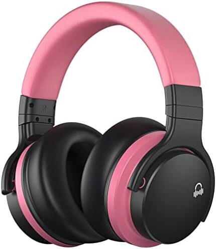 MOVSSOU E7 Active Noise Cancelling Headphones Bluetooth Headphones Wireless Headphones Over Ear with Microphone Deep Bass, Comfortable Protein Earpads, 30 Hours Playtime for Travel/Work, Baby Pink