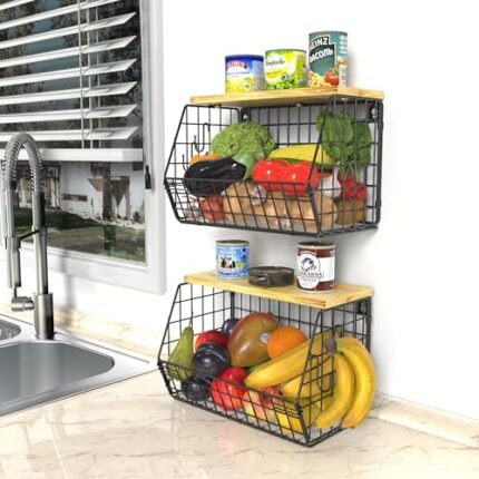 [2 Pack] Fruit Basket, Onion Potato Storage Wire Baskets with Bamboo Lid, Stackable Kitchen Wall-Mounted Tiered Organizers and Storage for Snack, Vegetables, Cabinet Pantry Countertop Organizer Bins