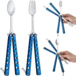 2 Pcs Butterfly Fork and Spoon Set, Tactical Butterfly Spoon Folding Stainless Steel Butterfly Fork for Travel BBQ Kitchen Camping (Blue)