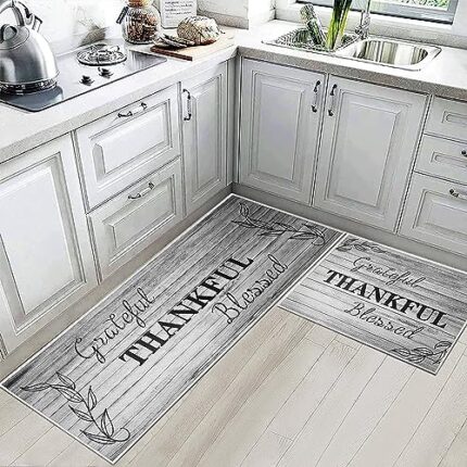 2 Pcs Kitchen Rugs Set Washable Kitchen Mats for Floor, Home, Sink, Bathroom Non Slip Cushioned Farmhouse Kitchen Rug Runner Standing Mat（Thankful