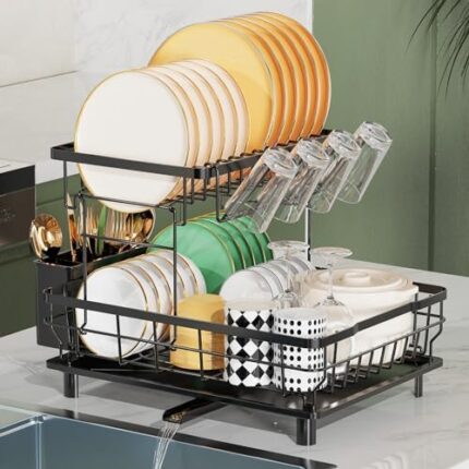 2 Tier Dish Drying Rack Multifunctional Dish Rack for Kitchen Counter, Stainless Steel Large Capacity Dish Drainer with Drainboard, Utensil Holder, Cup Holder for Dishes, Knives, Spoons, Forks, Black