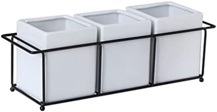 3 Piece Ceramic Flatware Holder with Metal Rack, Porcelain Silverware Caddy, Silverware Cutlery, Perfect for Home, Kitchen & all gatherings with friends, family