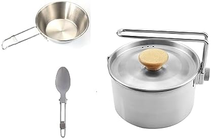 3Pcs Backpacking Camping Cookware Stainless Steel Camping Pot with Lid Portable Picnic Cooking Mess Kit Mountaineering Pot with Bowl&Spoon Set for Hiking Fishing Travel Kitchen,Camping Utensils